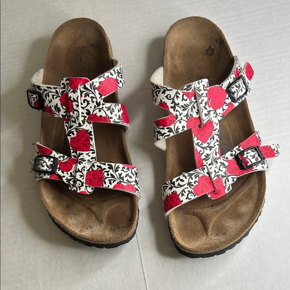 BIRKENSTOCK BIRKIS WHITE STRAPS WITH BLACK VINES AND RED FLOWERS SZ 8 - Picture 1 of 11